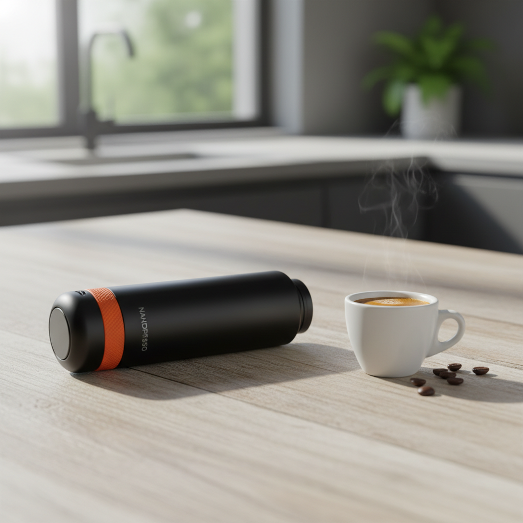 Nanopresso portable espresso maker next to a fresh espresso cup on a wooden table