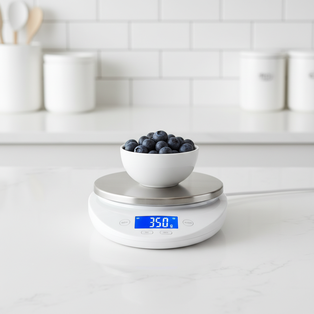 Modern digital food kitchen scale with stainless steel platform on a white countertop