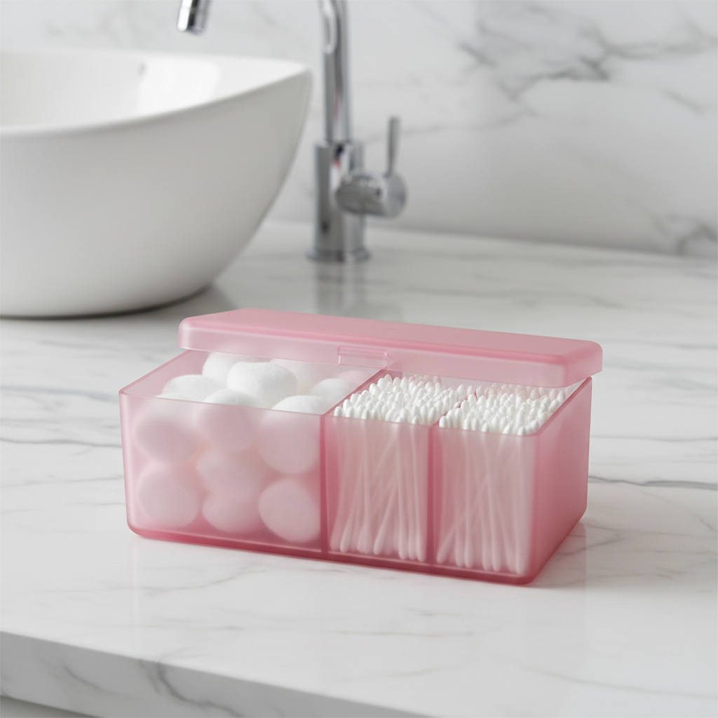 Pink 2-Grid Qtips Storage Organizer with Hinged Lid for Cotton Swabs and Cotton Balls