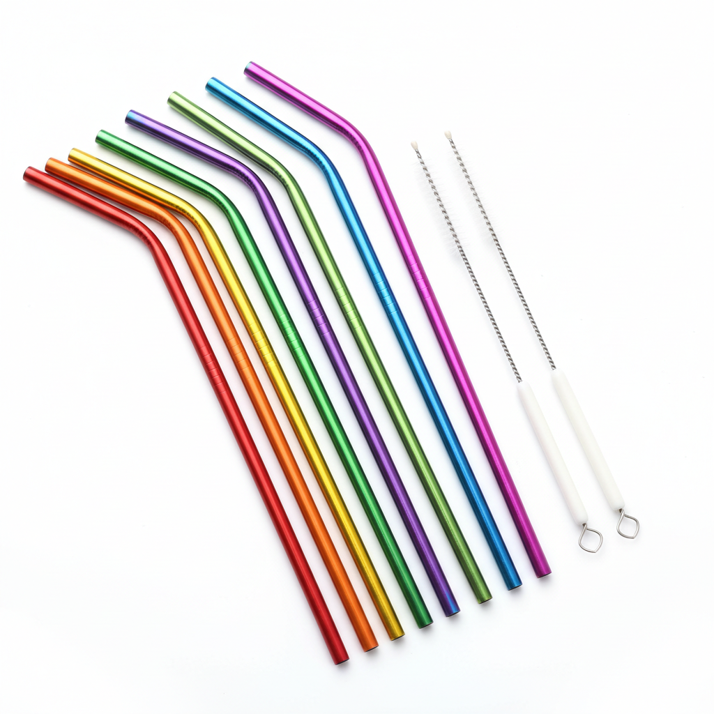 Set of 8 Rainbow Stainless Steel Metal Drinking Straws 10.5 Inch with Cleaning Brushes