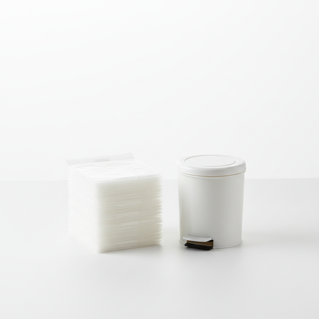 Clear small trash bags folded and stacked next to a small white mini trash can