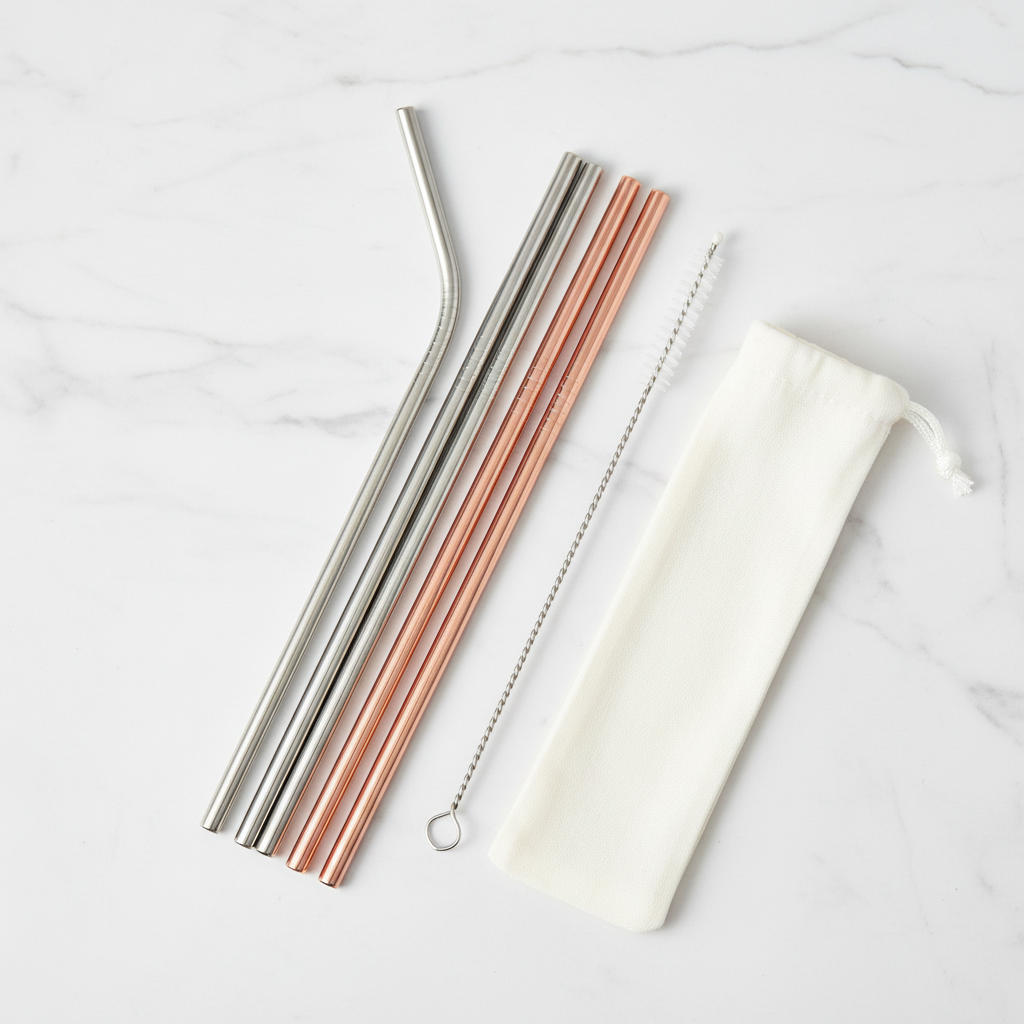 Set of reusable metal drinking straws in silver and rose gold with a cleaning brush on white marble