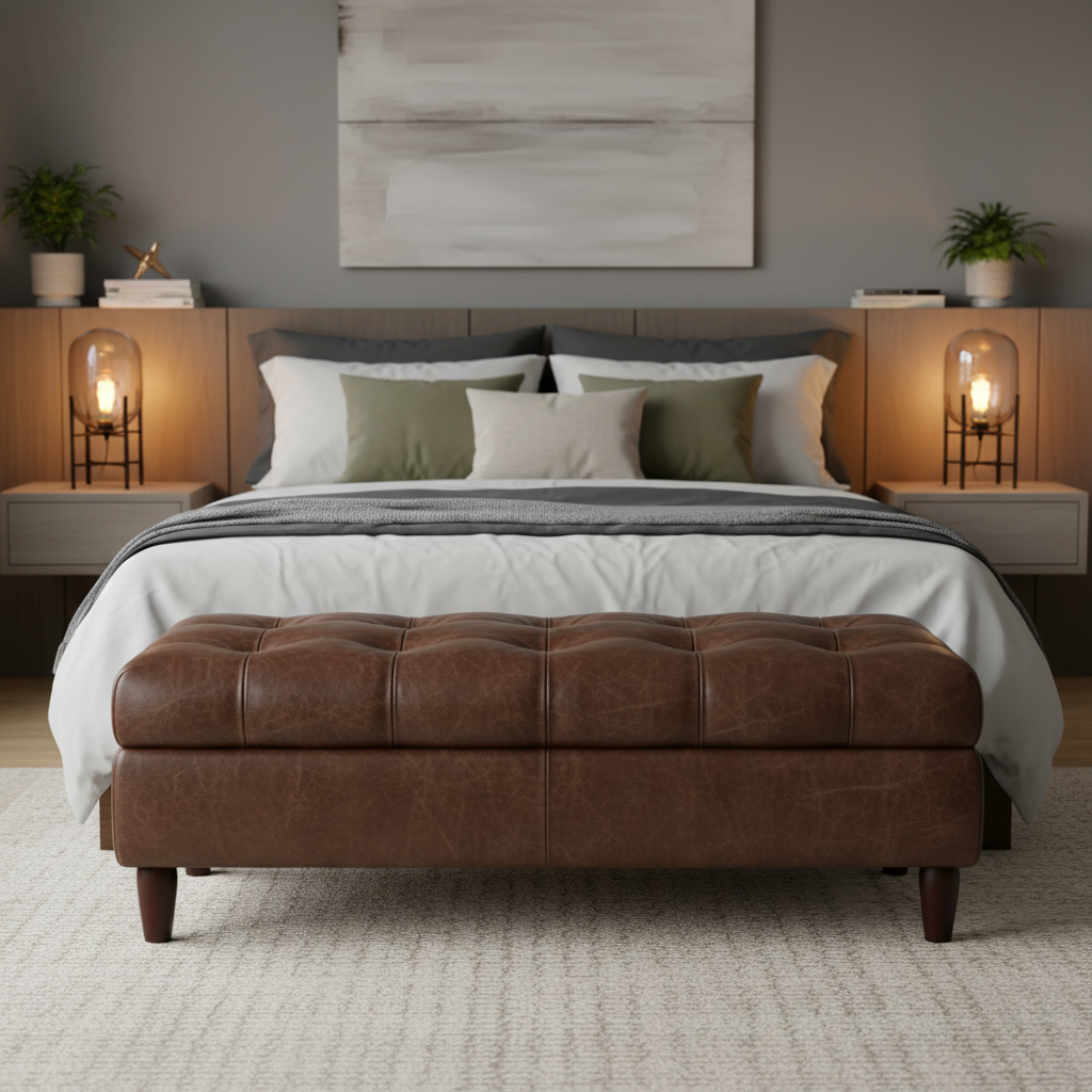 Dark Brown Button-Tufted Leather Ottoman Bench at End of Bed in Modern Bedroom