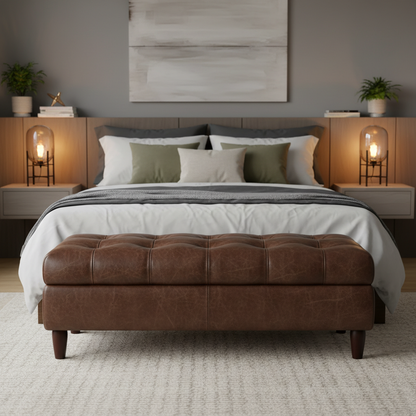 Dark Brown Button-Tufted Leather Ottoman Bench at End of Bed in Modern Bedroom