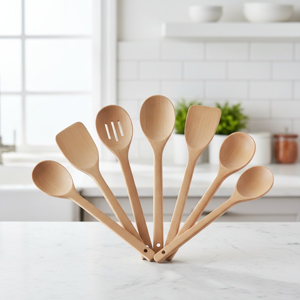 Set of 6 natural wood cooking spoons arranged on a white marble countertop