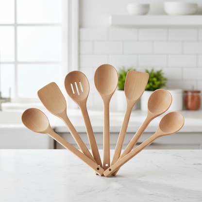 Set of 6 natural wood cooking spoons arranged on a white marble countertop
