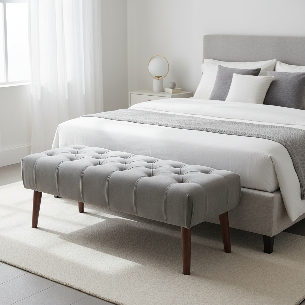 Button-tufted ottoman bench in light gray velvet with wood legs at the foot of a bed