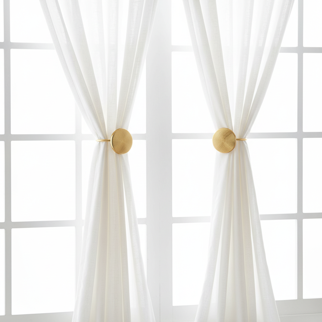 Elegant magnetic curtain tiebacks in matte gold finish holding sheer white curtains