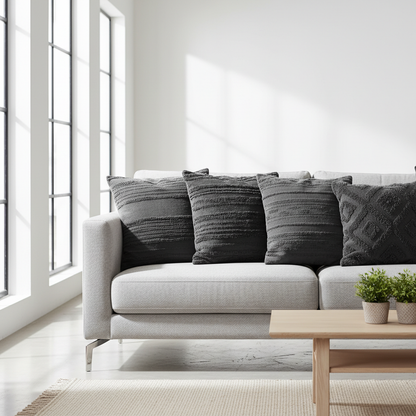 Dark gray decorative throw pillow covers on a modern light gray sofa in a Scandinavian living room