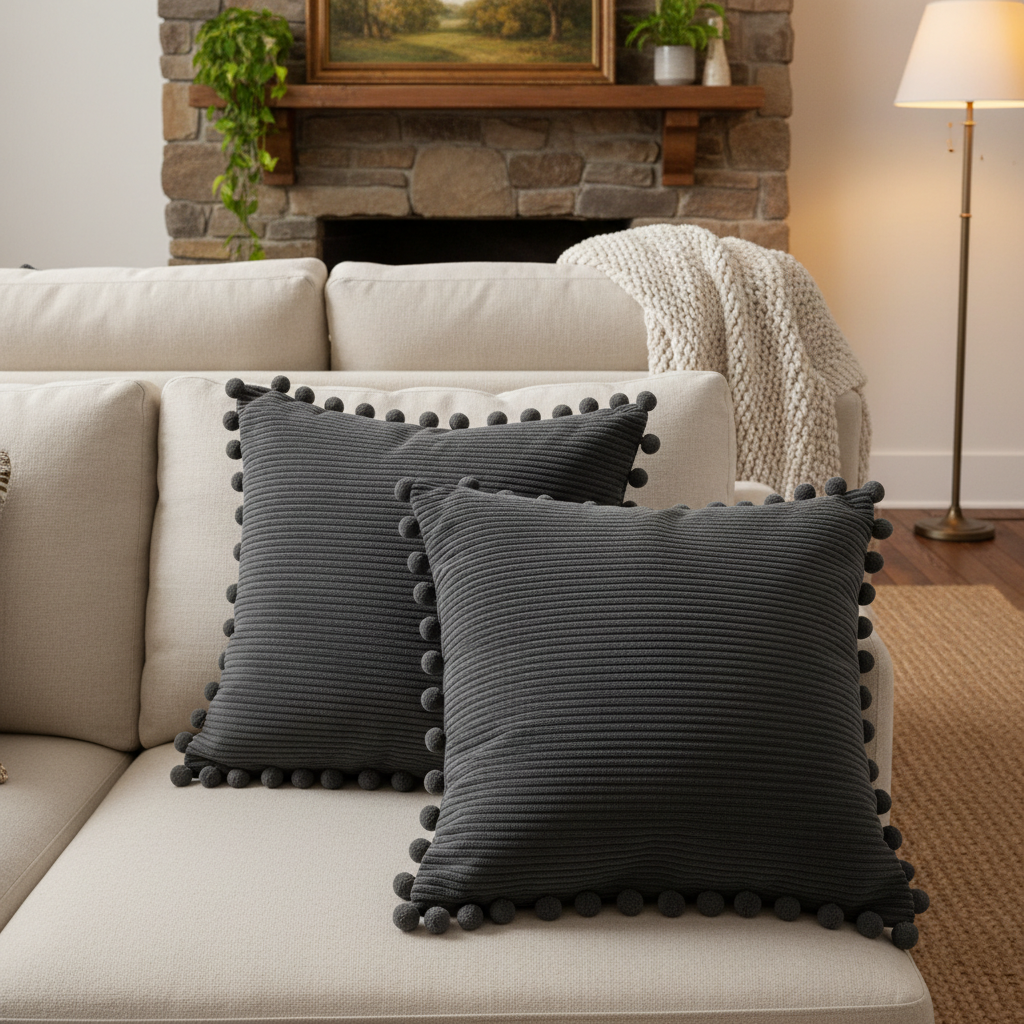 Dark Gray Corduroy Decorative Throw Pillow Covers 18x18 Inch with Pom Poms Farmhouse Decor