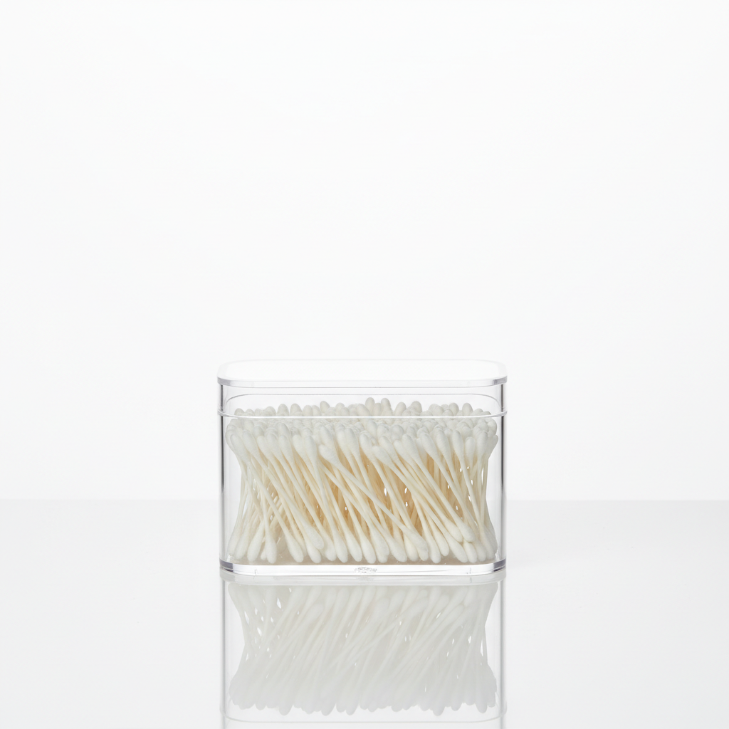 Clear acrylic 2-grid qtips storage organizer with hinged lid on a bathroom vanity